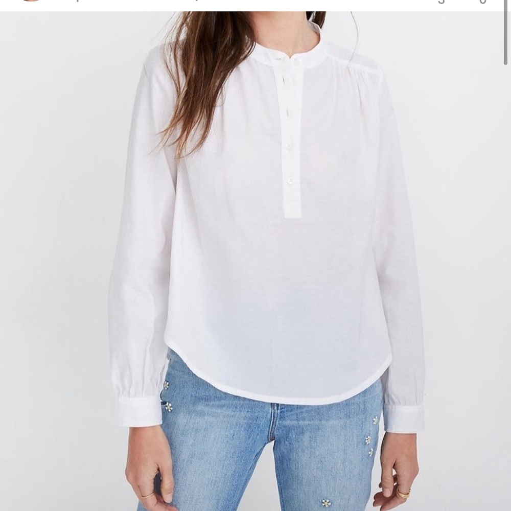 Madewell White Shirred Popover Long Sleeve Top